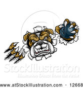 Vector Illustration of a Tough Bulldog Monster Shredding Through a Wall with a Bowling Ball in One Hand by AtStockIllustration