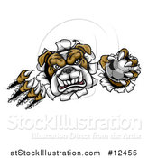 Vector Illustration of a Tough Bulldog Monster Shredding Through a Wall with a Soccer Ball in One Hand by AtStockIllustration