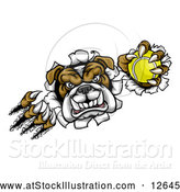 Vector Illustration of a Tough Bulldog Monster Shredding Through a Wall with a Tennis Ball in One Hand by AtStockIllustration