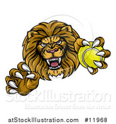 Vector Illustration of a Tough Clawed Male Lion Monster Mascot Holding a Tennis Ball by AtStockIllustration