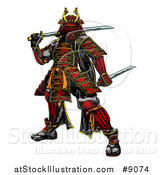 Vector Illustration of a Tough Japanese Samurai Warrior Holding Swords by AtStockIllustration