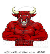 Vector Illustration of a Tough Muscular Angry Red Bull Man Punching One Fist into a Palm by AtStockIllustration