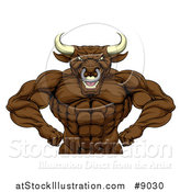 Vector Illustration of a Tough Muscular Brown Bull Man Mascot Flexing, from the Waist up by AtStockIllustration
