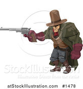 Vector Illustration of a Tough, Muscular Cowboy in a Hat and Cape, at the Ready with a Pistil by AtStockIllustration