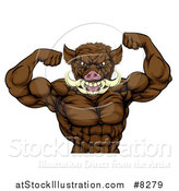 Vector Illustration of a Tough Muscular Razorback Boar Man Flexing His Bicep Muscles, from the Waist up by AtStockIllustration