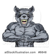 Vector Illustration of a Tough Vicious Muscular Wolf Man Punching His Fist into Palm by AtStockIllustration