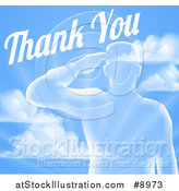 Vector Illustration of a Transparent Silhouetted Saluting Soldier over a Blue Sky and Ray Background with Thank You Text by AtStockIllustration