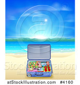 Vector Illustration of a Travel Suitcase Open on a Sandy Tropical Beach at Sunrise by AtStockIllustration