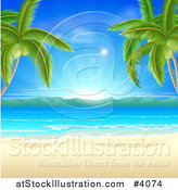 Vector Illustration of a Tropical Beach Framed by Palm Trees, with White Sand and Sunshine by AtStockIllustration