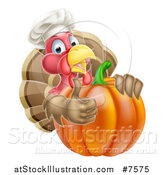 Vector Illustration of a Turkey Bird Chef Holding a Thumb up Around a Thanksgiving Pumpkin by AtStockIllustration