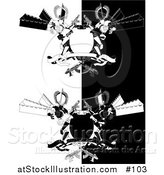 Vector Illustration of a Two Manga Style Futuristic Robots Holding Laser Guns by a Blank Shield and Banner - Black and White Version by AtStockIllustration