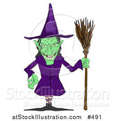 Vector Illustration of a Ugly Green Witch with a Broom by AtStockIllustration