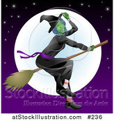 Vector Illustration of a Ugly Witch Flying on a Broomstick in Front of the Moon by AtStockIllustration