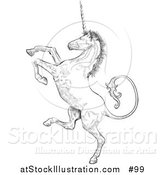 Vector Illustration of a Unicorn Rearing up on His Hind Legs - Black and White Version by AtStockIllustration