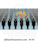 Vector Illustration of a Unique Business Man Holding His Arms Up, Surrounded by Men in Rows by AtStockIllustration