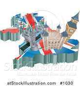 Vector Illustration of a United Kingdom, the London Bridge, Tower of London, and Big Ben over a Map with the Union Jack by AtStockIllustration