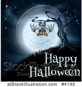 Vector Illustration of a Vampire Bat Hanging from a Spooky Tree Against a Full Moon over Happy Halloween Text by AtStockIllustration