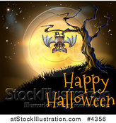 Vector Illustration of a Vampire Bat Hanging from a Spooky Tree Against an Orange Full Moon over Happy Halloween Text by AtStockIllustration