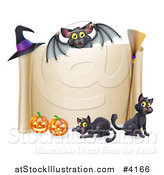 Vector Illustration of a Vampire Bat over a Halloween Scroll Sign with Black Cats a Broomstick Pumpkins and Witch Hat by AtStockIllustration