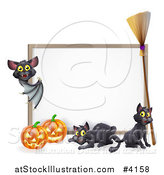 Vector Illustration of a Vampire Bat Pointing to a Halloween Sign with Black Cats a Broomstick and Pumpkins by AtStockIllustration