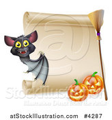 Vector Illustration of a Vampire Bat with a Halloween Scroll Sign a Broomstick and Pumpkins by AtStockIllustration