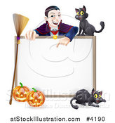 Vector Illustration of a Vampire Pointing down at a Halloween Sign with a Broomstick Black Cats and Pumpkins by AtStockIllustration