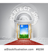 Vector Illustration of a Venue Entrance with Perfect Job Text and Red Carpet Leading to a Sunrise by AtStockIllustration