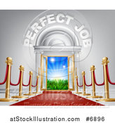 Vector Illustration of a Venue Entrance with Perfect Job Text, Posts and Red Carpet Leading to a Sunrise by AtStockIllustration
