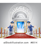 Vector Illustration of a Venue Entrance with Welcoming Doormen, a Red Carpet and Posts, and Success Text over Light by AtStockIllustration