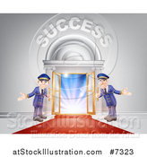 Vector Illustration of a Venue Entrance with Welcoming Doormen, a Red Carpet, and Success Text over Light by AtStockIllustration