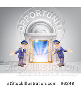 Vector Illustration of a Venue Entrance with Welcoming Doormen and Opportunity Text over Light by AtStockIllustration