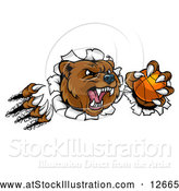 Vector Illustration of a Vicious Aggressive Bear Mascot Slashing Through a Wall with a Basketball in a Paw by AtStockIllustration
