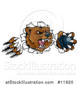 Vector Illustration of a Vicious Aggressive Bear Mascot Slashing Through a Wall with a Bowling Ball in a Paw by AtStockIllustration