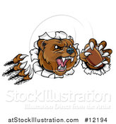 Vector Illustration of a Vicious Aggressive Bear Mascot Slashing Through a Wall with a Football in a Paw by AtStockIllustration