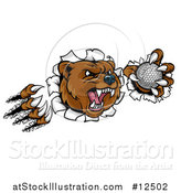 Vector Illustration of a Vicious Aggressive Bear Mascot Slashing Through a Wall with a Golf Ball in a Paw by AtStockIllustration