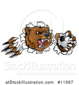 Vector Illustration of a Vicious Aggressive Bear Mascot Slashing Through a Wall with a Soccer Ball in a Paw by AtStockIllustration