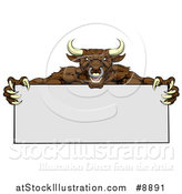 Vector Illustration of a Vicious Mad Brown Bull Mascot with Claws, Holding a Blank Sign by AtStockIllustration