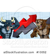 Vector Illustration of a Vicious Muscular Brown Bear Man and Bull Ready to Fight over a Graph with Arrows by AtStockIllustration