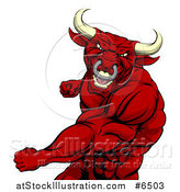 Vector Illustration of a Vicious Muscular Red Bull Man or Minotaur Mascot Punching by AtStockIllustration