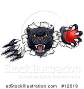 Vector Illustration of a Vicious Roaring Black Panther Mascot Shredding Through a Wall with a Cricket Ball by AtStockIllustration