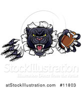 Vector Illustration of a Vicious Roaring Black Panther Mascot Shredding Through a Wall with a Football by AtStockIllustration