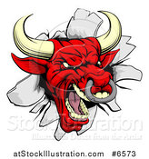 Vector Illustration of a Vicious Snarling Aggressive Red Bull Breaking Through a Wall by AtStockIllustration