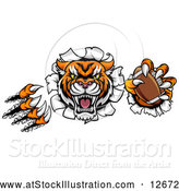 Vector Illustration of a Vicious Tiger Mascot Slashing Through a Wall with an American Football by AtStockIllustration