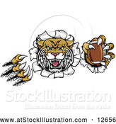 Vector Illustration of a Vicious Wildcat Mascot Shredding Through a Wall with a Football by AtStockIllustration