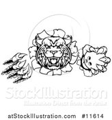Vector Illustration of a Vicious Wildcat Mascot Slashing Through a Wall and Holding a Bowling Ball by AtStockIllustration