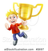 Vector Illustration of a Victorious Blond Man Holding a Gold Trophy Cup by AtStockIllustration