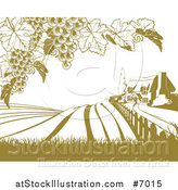 Vector Illustration of a Vineyard Cottage Farm House and Rolling Hills with Grape Vines in Green and White by AtStockIllustration