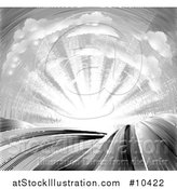 Vector Illustration of a Vintage Black and White Engraved or Woodcut Cloud and Sunrise Sky over Farmland by AtStockIllustration