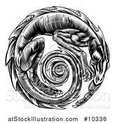 Vector Illustration of a Vintage Black and White Woodcut Dragon Forming a Circle by AtStockIllustration