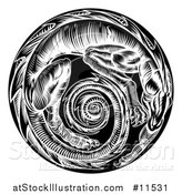 Vector Illustration of a Vintage Black and White Woodcut Dragon Forming a Spiral in a Circle by AtStockIllustration